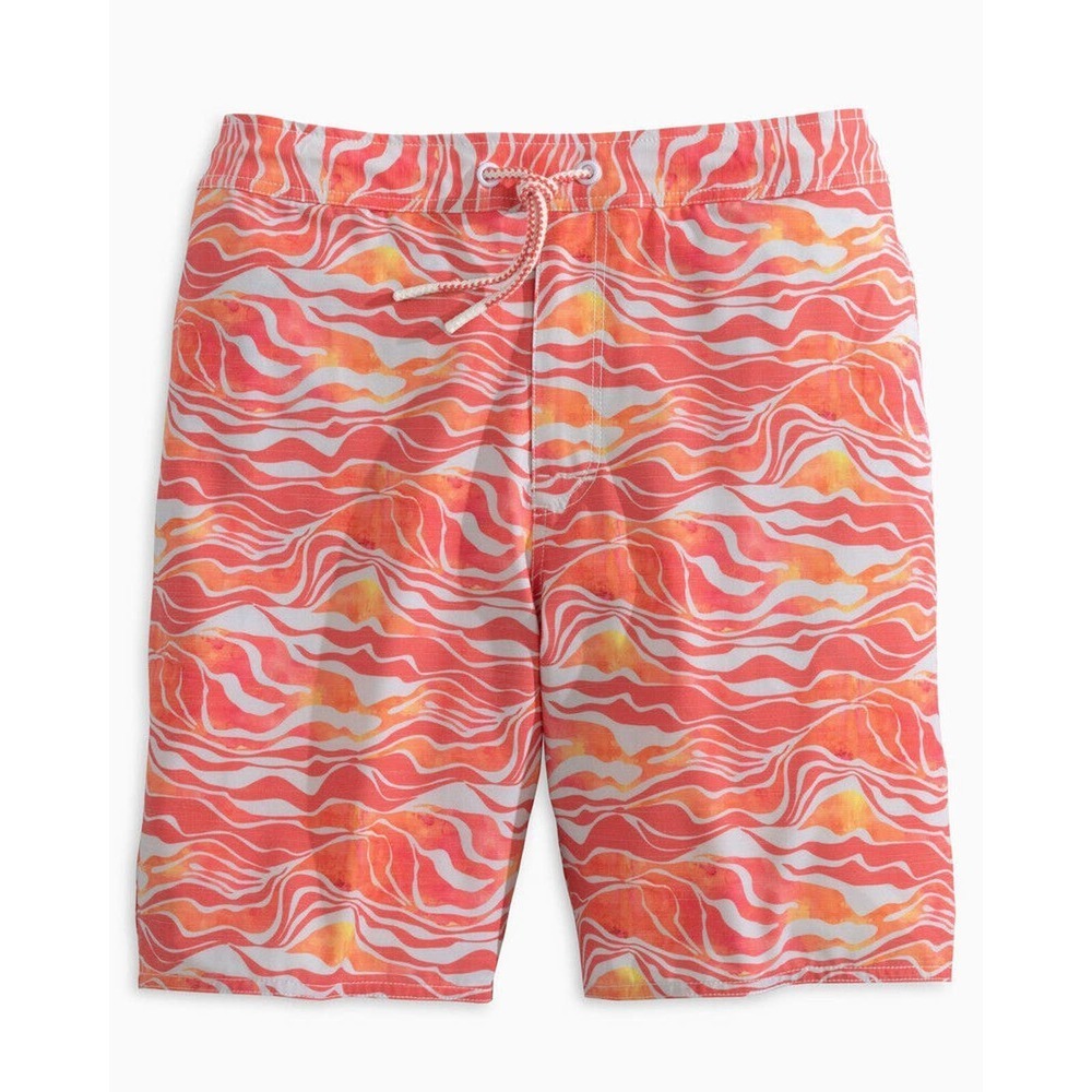 ✨2/$20 Johnnie-O Walpole Wave Print Half Elastic Swim Trunks Coral Reef Mens XXL - Picture 10 of 12